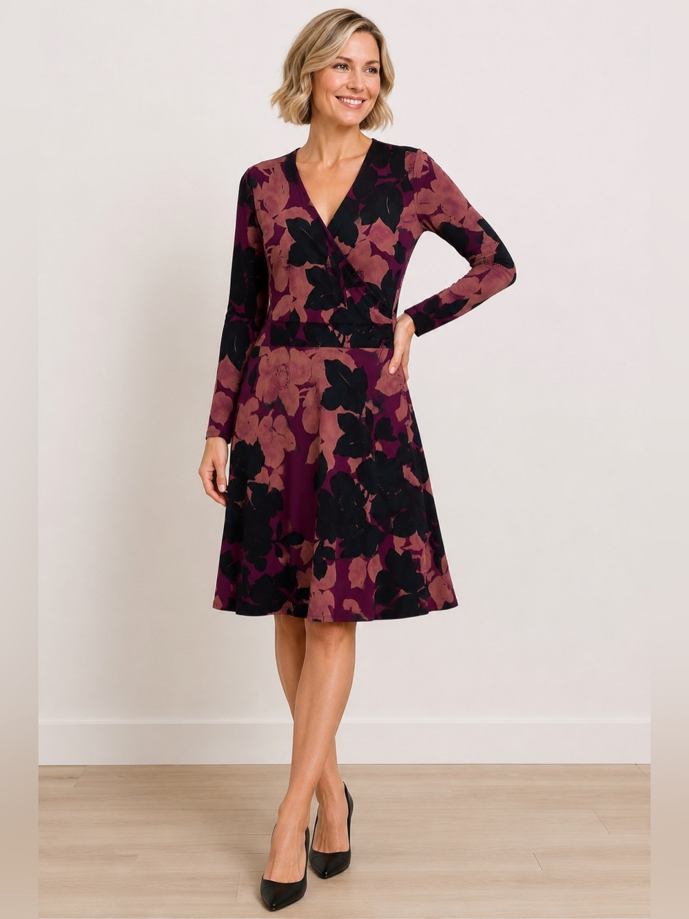 CAbi Floral Faux Wrap Dress Medium Style 837 Long Sleeve Lightweight Like New